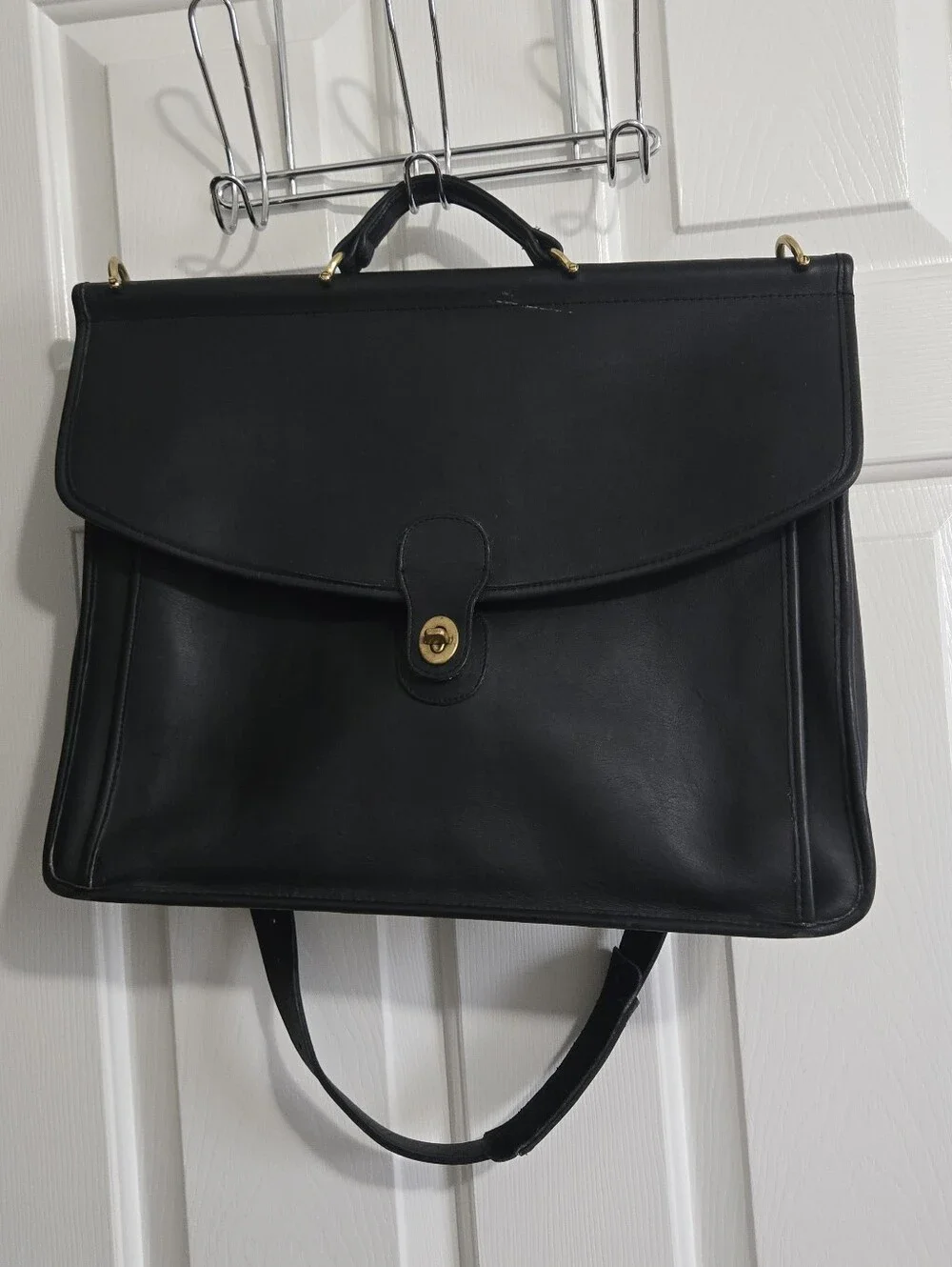 Vintage COACH Black Leather Briefcase Brass With Strap